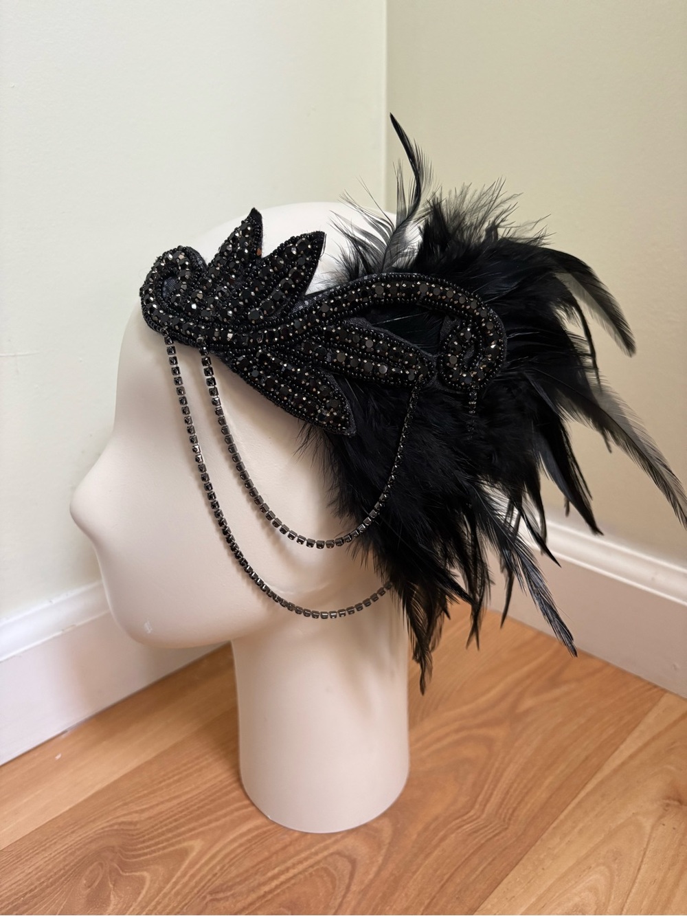 1920s style Flapper Black Beaded Feather Headband - Handmade